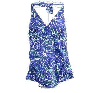 NWOT LL Bean Blue Mix-and-Match Swimwear Halter Tankini Top Print Size 4